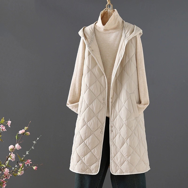 Women's Puffer Jacket Quilted Jacket Casual Jacket Waterproof Comfortable Zipper Buttons Casual Plain Vacation Street Casual Daily Wear Single Breasted Long Hooded Regular Fit Sleeveless Outerwear