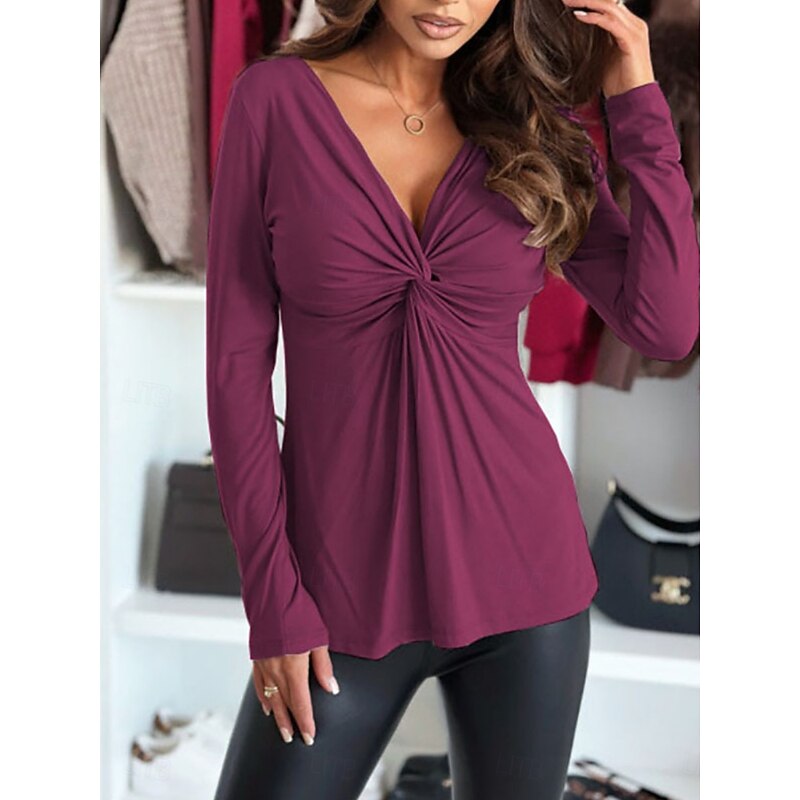 Women's Blouse Solid Color Elegant Stylish Basic Long Sleeve V Neck Regular Tops Daily Ruched Black Light Purple Purple Fuchsia Spring Fall2