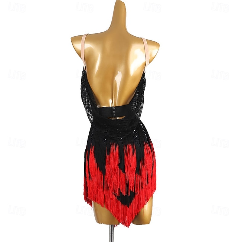 Women's Black and Red Latin Dance Dress with Sequin Detailing, Fringe Skirt, Adjustable Straps – Ideal for Salsa, Cha Cha, and Performance Wear4