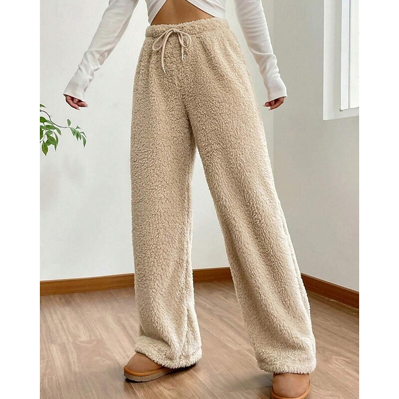 Women's Fleece Pants Wide Leg Pants Trousers Basic Casual Full Length Mid Waist Plain Elastic Waist Thermal Warm Micro-elastic Outdoor Street Camel Black Khaki Fall Winter Regular Fit3