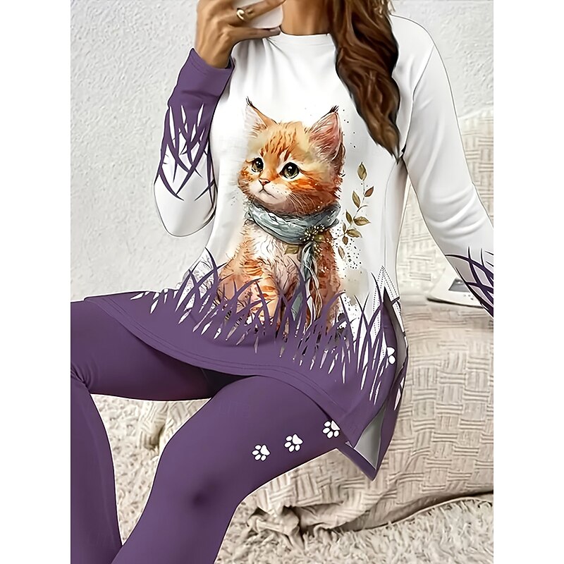 Women's Elegant Vacation Fashion T Shirt Pants Sets Long Sleeve Crew Neck Round Neck Graphic Animal Cat Print Casual Daily Casual Daily Grape Spring Regular Fit3