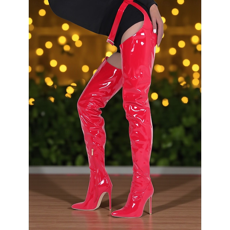 Women's Red Patent Leather Thigh High Stiletto Boots - Sexy Over the Knee Party Shoes for Nightlife and Clubwear