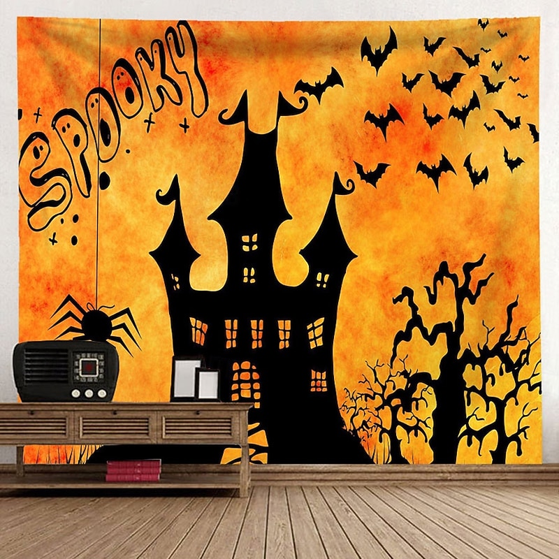 Halloween Castle Sunset Silhouette Tapestry Peach Velvet Wall Banner Bare Tree Bats Scary Night Party Decoration Bedroom Living Room Photography Background
