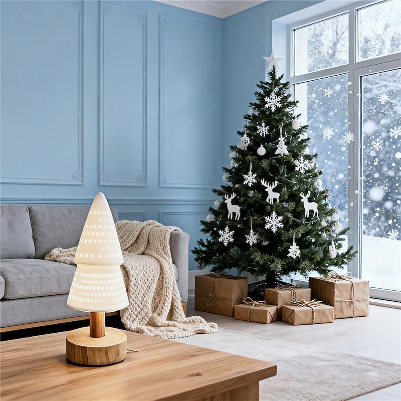 Ceramic Christmas Tree Hollow Decorative Light LED Creative Atmosphere Light Bedroom Bedhead Desk Lamp Christmas Gift Light Festival Party Atmosphere Light Battery Box 1PC4