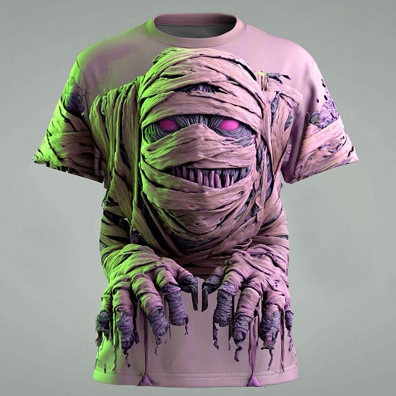 Halloween Men's Optical Illusion Zombies Mummy T Shirt Short Sleeve T shirt 3D Print Crew Neck Shirt Exaggerated Designer Horror Party Street Holiday Pink Blue Green Summer Spring All Seasons2