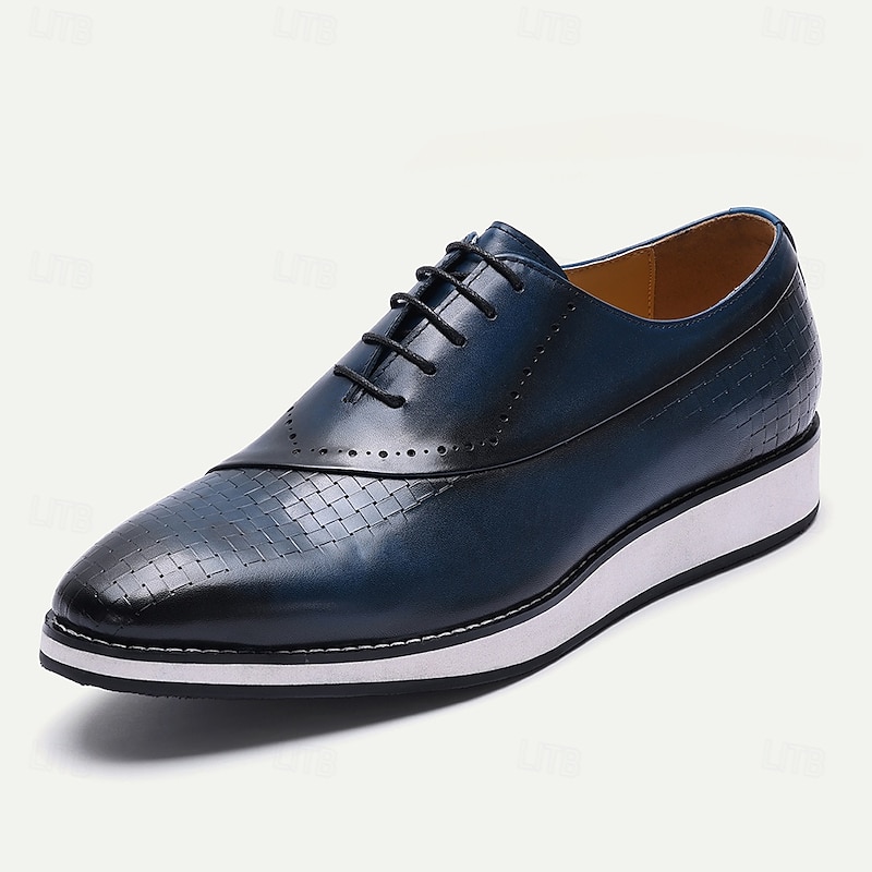 Men's Blue Lace-Up Dress Shoes – Genuine Leather Business Oxfords with Textured Detailing, Elegant Footwear for Office, Parties and Special Occasions2