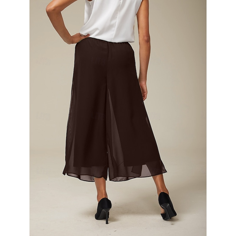 Women's Culottes Wide Leg Vacation Classic Calf-Length Mid Waist Elastic Waist Stylish Fashion Stretchy Formal Office Dailywear Brown Summer Spring Fall2
