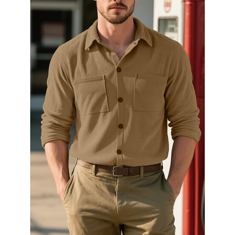 Men's Shirt Corduroy Shirt Button Up Shirt Black Navy Blue Camel Green Gray Long Sleeve Turndown Outdoor Party Front Pocket Clothing Apparel Business Casual