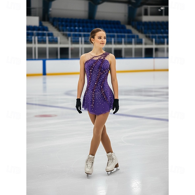 Figure Skating Dress Women's Girls' Ice Skating Dress Outfits Yellow & Yellow Dark Red Dark Navy Open Back Spandex Stretch Yarn High Elasticity Training Practice Competition Skating Wear Handmade