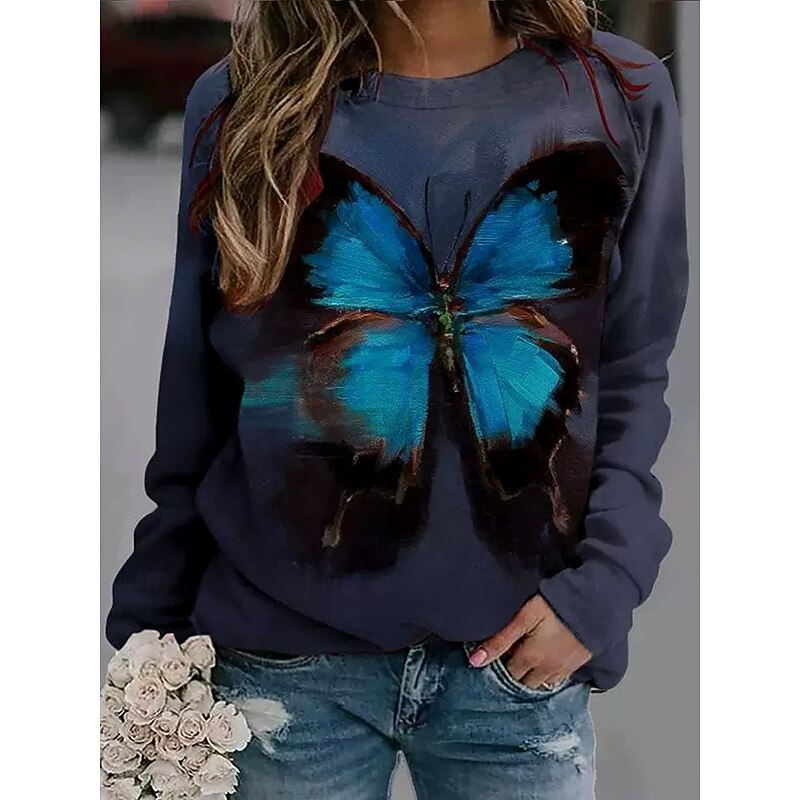 Women's Pullover Graphic Animal Butterfly Casual Long Sleeve Crew Neck Regular Tops Casual White Blue Dark Blue Fall Winter2