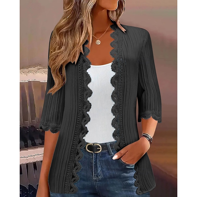 Women's Sweater Cardigan Streetwear Casual Solid Color V Neck Knitted 3/4 Length Sleeve Regular Tops Knit Holiday Going out Weekend Wine Red Black Spring Fall