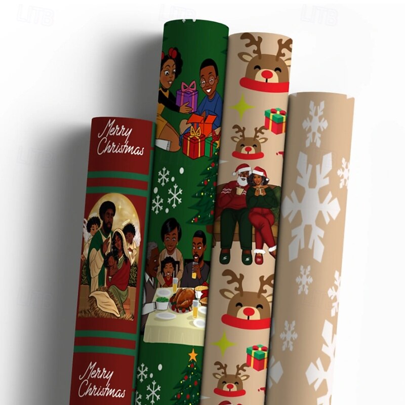 Santa Claus Wrapping Paper Red & Green Holiday Design with Santa, Reindeer, Snowflake, Vibrant Print Premium Paper for Festive Present Wrapping & Party Decorations