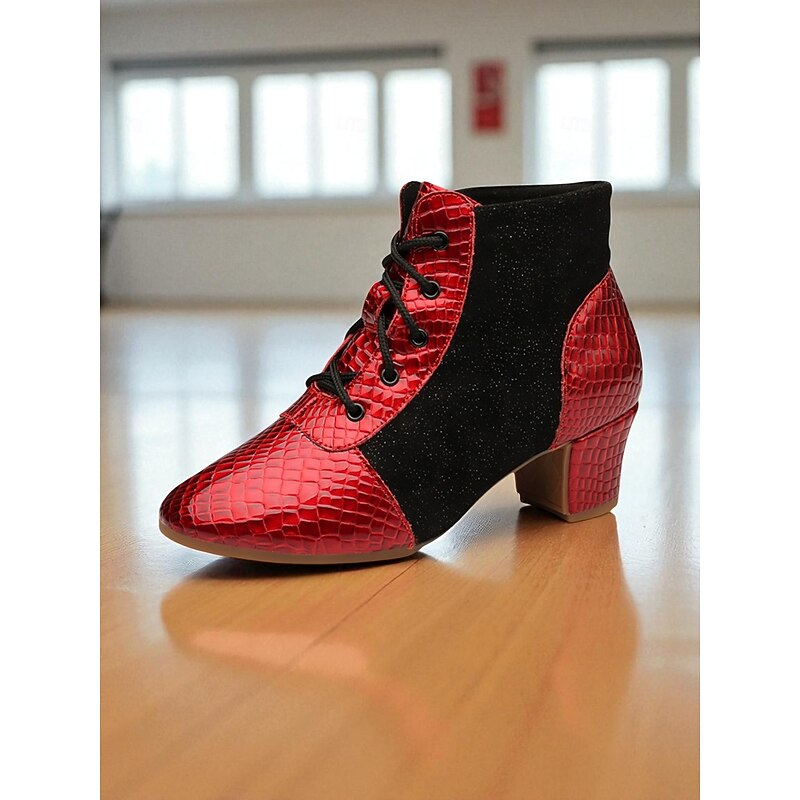 Women's Red and Black Lace-Up Dance Boots - Faux Leather Croc Pattern Low Heel Performance Ballroom Shoes4