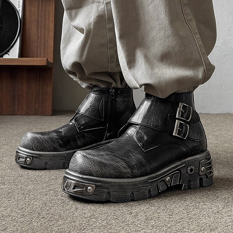 Men's Black Gothic Platform Boots Heavy Duty Buckle Strap Biker Boots with Metal Accents for Halloween Parties, Cosplay Costumes and Stage Performances3