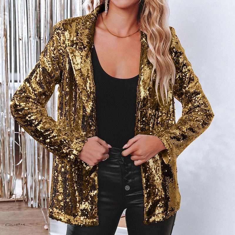 Women's Tuxedo Sequined Gold Blazer Formal Wedding Christmas Sequined Elegant Glitters Sparkle Long Sleeve2