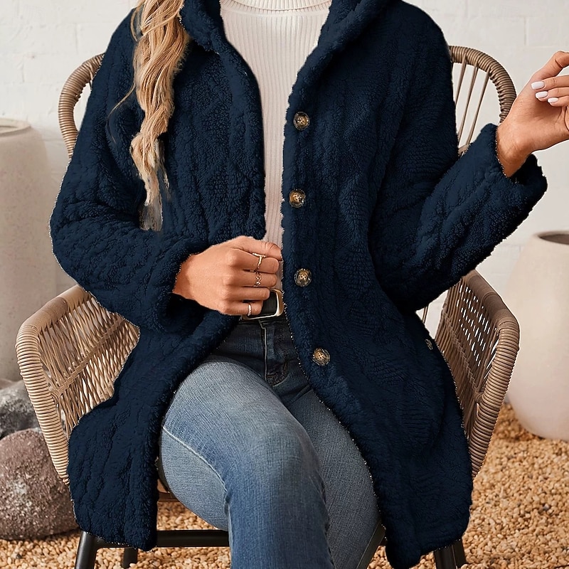 Women's Sherpa Jacket Comfortable Breathable Buttons Casual Plain Vacation Street Casual Daily Wear Single Breasted Long Hooded Regular Fit Long Sleeve Outerwear Black Pink Blue Spring Fall2