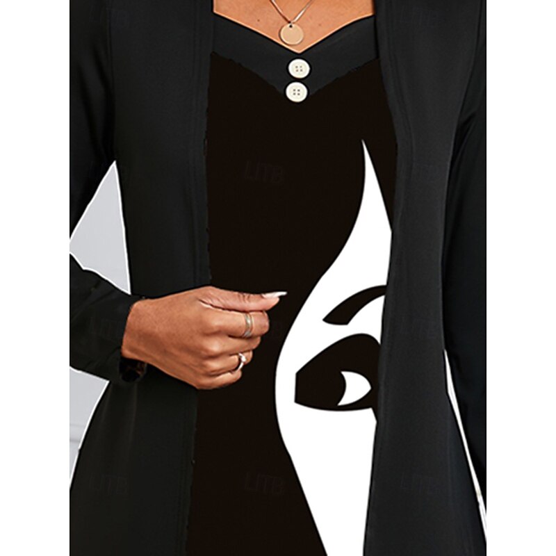 Women's Midi Dress A Line Dress Casual Daily Regular Fit Graphic Long Sleeve V Neck Black Summer Spring Fall4