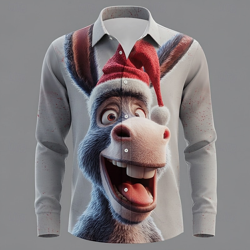 Christmas Men's Donkey Christmas Animal Christmas Hats Shirt Button Up Shirt Long Sleeve Funny Outdoor Holiday Spring Fall Turndown 3D Print Collared Shirts Red Khaki Gray
