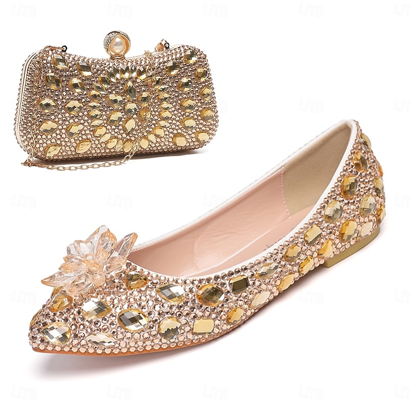 Women's Wedding Shoes Dress Shoes Glitter Crystal Sequined Jeweled Comfort Shoes Contrast Color Wedding Flats Bridal Shoes Bridesmaid Shoes Rhinestone Crystal Flower Flat Heel Pointed Toe Fashion