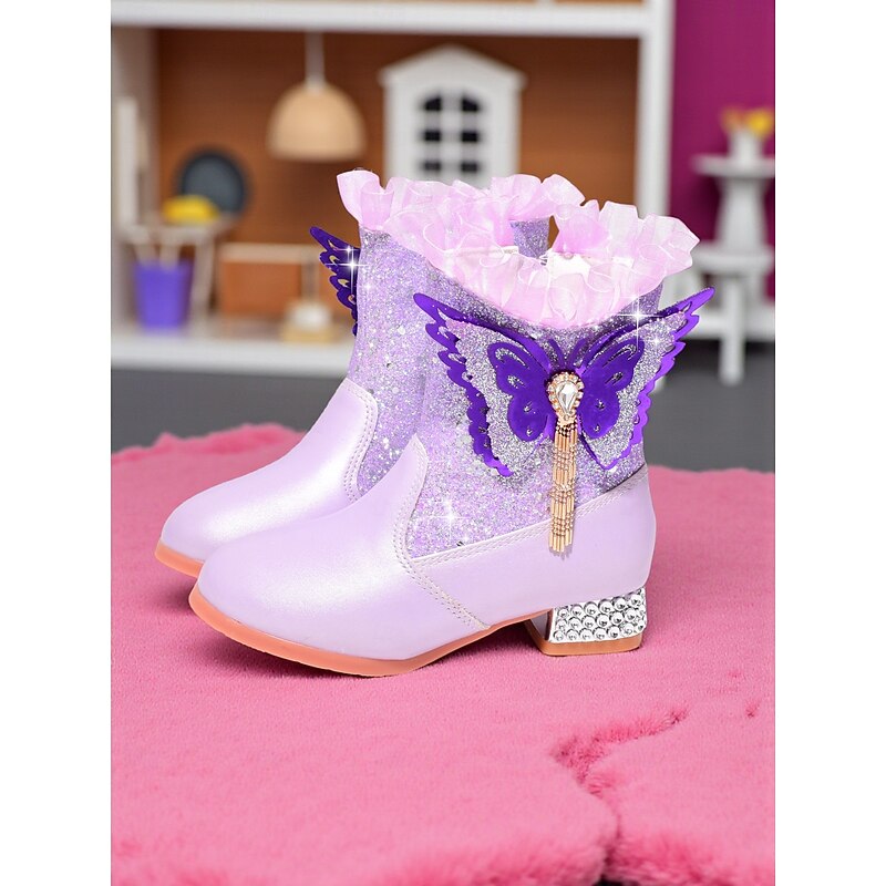 Girl's Pink Glitter Butterfly Boots -Sparkly Princess Ankle Boots with Ruffle Trim and Rhinestone Heel for Birthday Parties and Dress-Up2