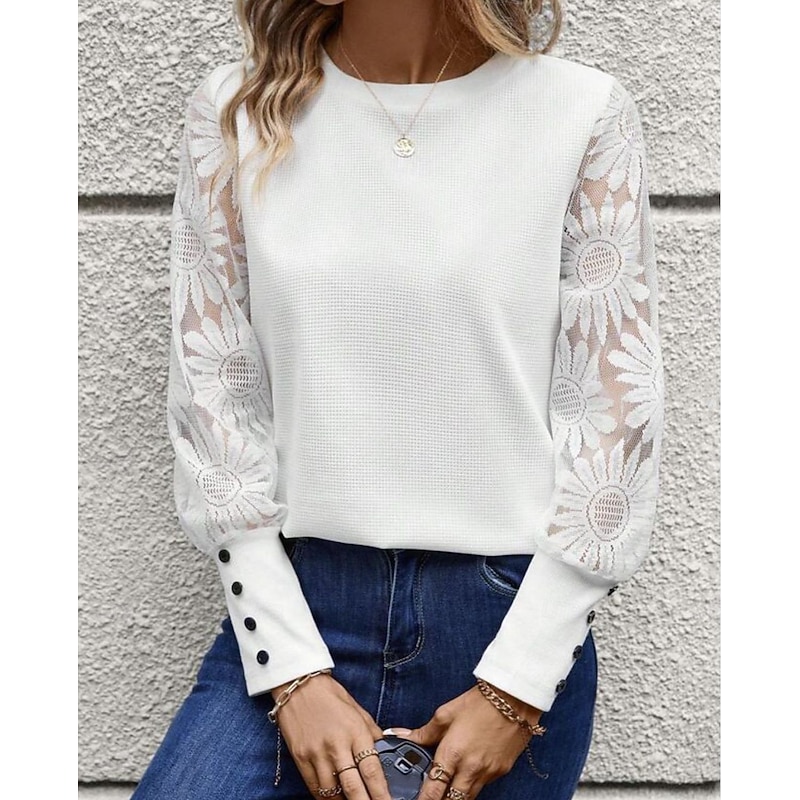 Women's Blouse Elegant Stylish Basic Long Sleeve Crew Neck Regular Tops Daily Lace Buttons Black White Pink Beige Gray Spring Fall Winter