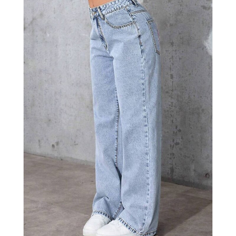 Women's Jeans Culottes Wide Leg Chinos Streetwear Casual Full Length Medium Waist Plain Pocket Elastic Waist Comfortable Micro-elastic Outdoor Vacation Street Pink Blue Dusty Blue Fall Winter Regular4