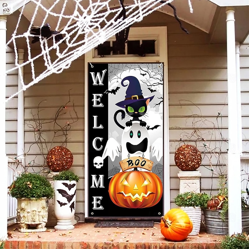 Halloween Door Cover Outdoor Banners Pumpkin Ghost Cemetery Psychedelic Dark Punk Gothic Style Party Outdoor Shooting Backgrounds Front Door Wall Porch Home Decor4