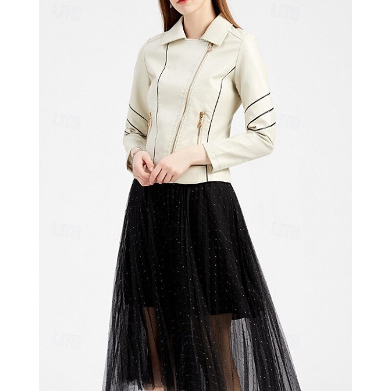 Women's Faux Leather Jacket Comfortable Zipper Pocket Casual Color Block Vacation Going out Weekend Regular Turndown Regular Fit Long Sleeve Outerwear Black Red Green Spring Fall3