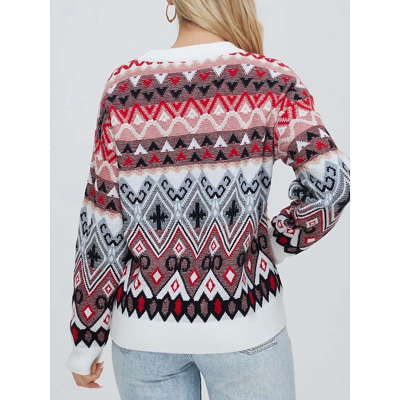 Women's Fair Isle Sweater Pullover Elegant Vintage Streetwear Geometric Ribbed Crew Neck Floral Long Sleeve Regular Tops Knit School Formal Outdoor Red Blue Spring Fall3