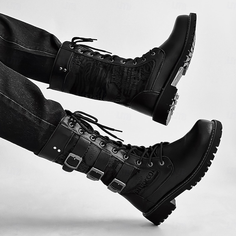 Men's Black Faux Leather Combat Boots – High Lace-Up Military Style with Buckle Straps for Biker, Gothic Fashion, Stage Performance and Halloween3
