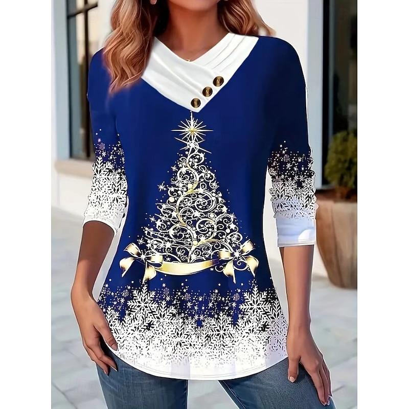 Christmas Women's T Shirt Graphic Santa Claus Snowflake Vintage Stylish Classic Long Sleeve Crew Neck V Neck Regular Tops Daily Buttons Print Asymmetrical Black Red Blue Green Spring Fall Winter2