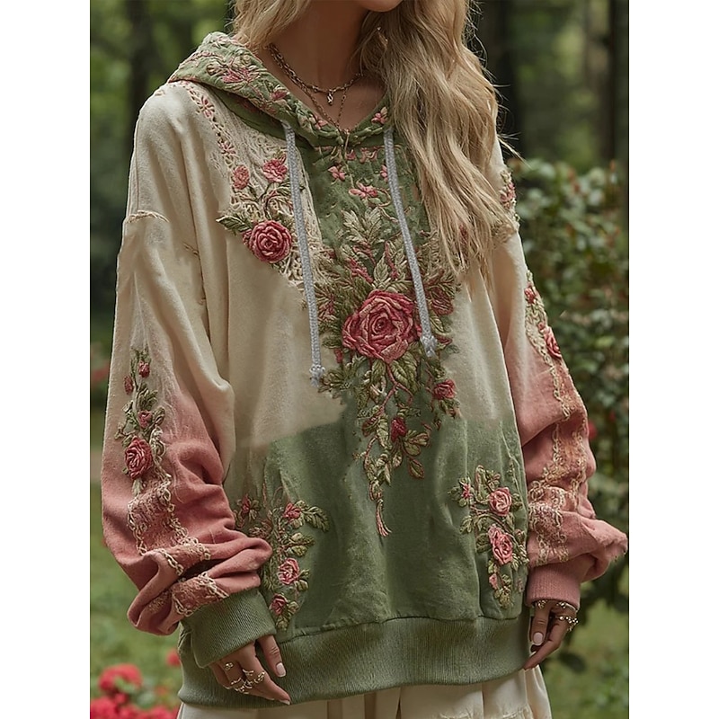Women's 3D Print Vintage Boho Hoodie Patchwork Hoodie Sweatshirt Floral Pullover Sweatshirt Elegant Warm Active Hooded Street Dailywear Patchwork Light Green Light Purple Beige Spring Fall Winter