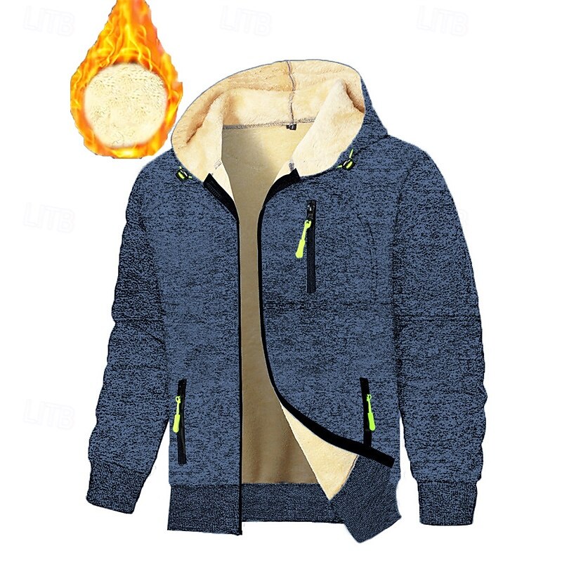 Men's Hoodie Full Zip Hoodie Sherpa Fleece Hoodie Denim Blue Black Navy Blue Dark Gray Hooded Plain Patchwork Sports & Outdoor Daily Holiday Polyester Streetwear Basic Casual Fall Winter Clothing