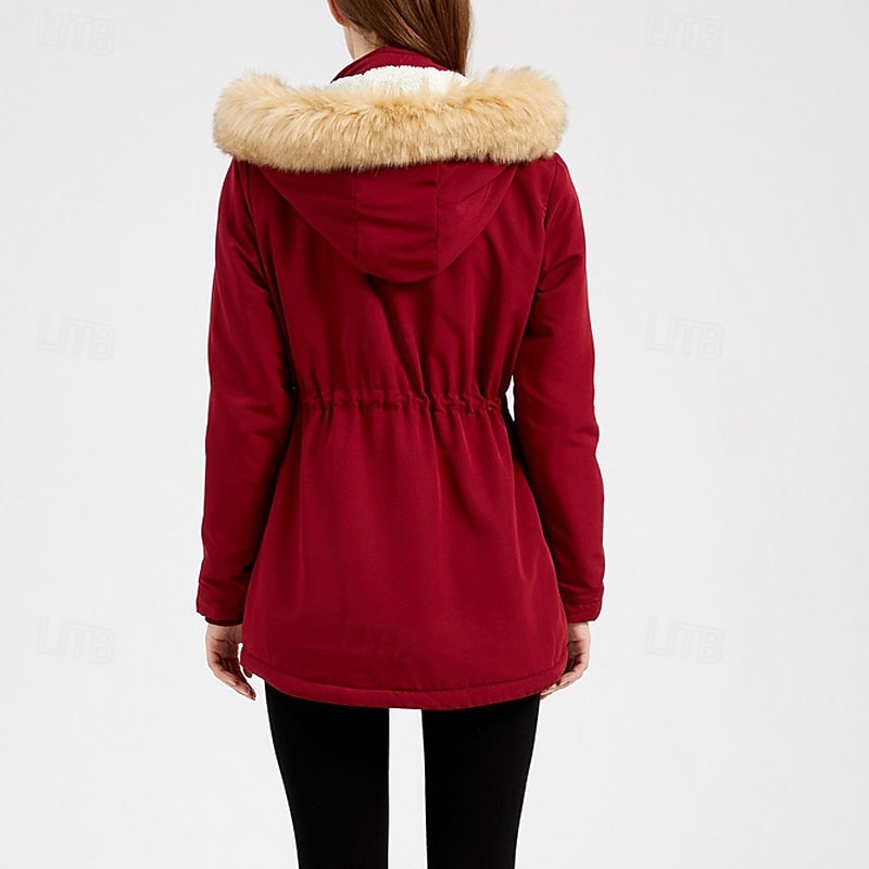 Women's Winter Coat Parka Warm Comfortable Zipper Pocket With Belt Casual Solid Color Vacation Street Daily Wear Going out Regular Hooded Regular Fit Long Sleeve Outerwear Navy Black Pink Fall Winter2