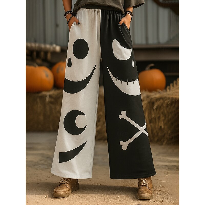 Women's Culottes Wide Leg Vacation Vintage Ethnic Style Full Length High WaistPantsHalloween Graphic Skull Pumpkin Quick Dry Breathability Soft Inelastic Outdoor Vacation Sport Black Orange Summer