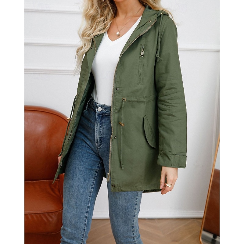 Women's Winter Coat Trench Coat Warm Comfortable Zipper Pocket Casual Plain Vacation Daily Wear Going out Weekend Long Hooded Regular Fit Long Sleeve Outerwear Black White Wine Fall Winter3