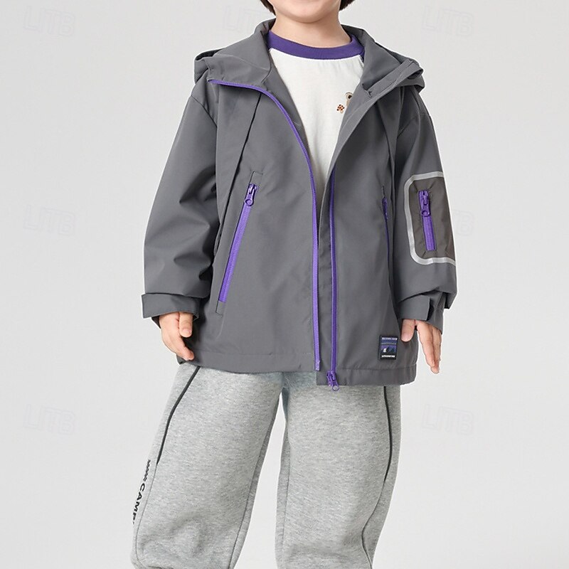 Kids Boys' Hiking Jacket Outdoor Jacket Outerwear Solid Color Long Sleeve Zipper Pocket Comfort Waterproof Windproof Coat Outdoor Fashion Daily Grey Spring Fall 4 years+3