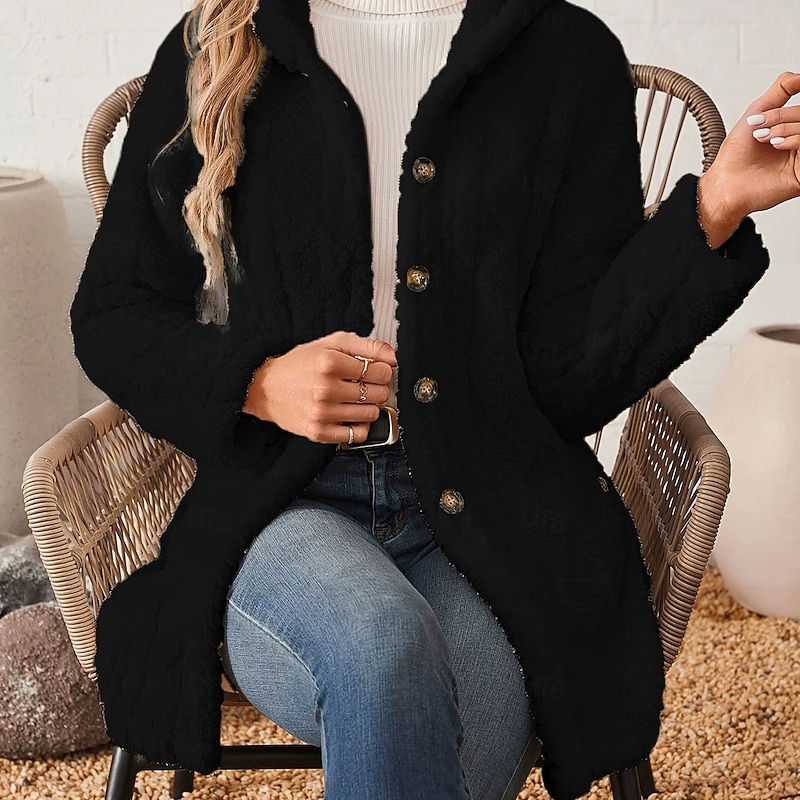 Women's Sherpa Jacket Comfortable Breathable Buttons Casual Plain Vacation Street Casual Daily Wear Single Breasted Long Hooded Regular Fit Long Sleeve Outerwear Black Pink Blue Spring Fall3