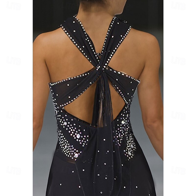 Figure Skating Dress Women's Girls' Ice Skating Dress Black Patchwork Open Back Mesh Spandex High Elasticity Training Competition Skating Wear Classic Crystal / Rhinestone Sleeveless Ice Skating4