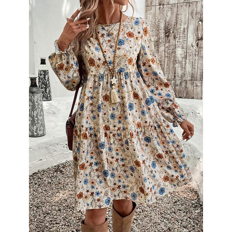 Women's Midi Dress A Line Dress Casual Daily Regular Fit Floral Long Sleeve V Neck Apricot Spring Fall