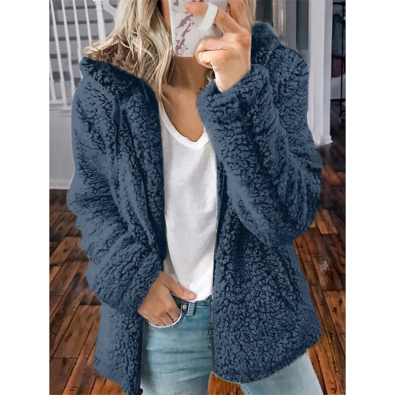 Women's Teddy Coat Comfortable Breathable Pocket Casual Plain Vacation Street Casual Daily Wear Zipper Regular Hooded Regular Fit Long Sleeve Outerwear Pink Red Blue Spring Fall4