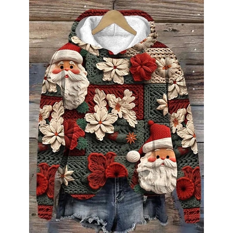 Women's Pullover Hoodie Sweatshirt Graphic Santa Claus Punk Active Vintage Long Sleeve Hooded Regular Tops Street Dailywear Print Front Pocket Wine Red Red White Spring Fall Winter2