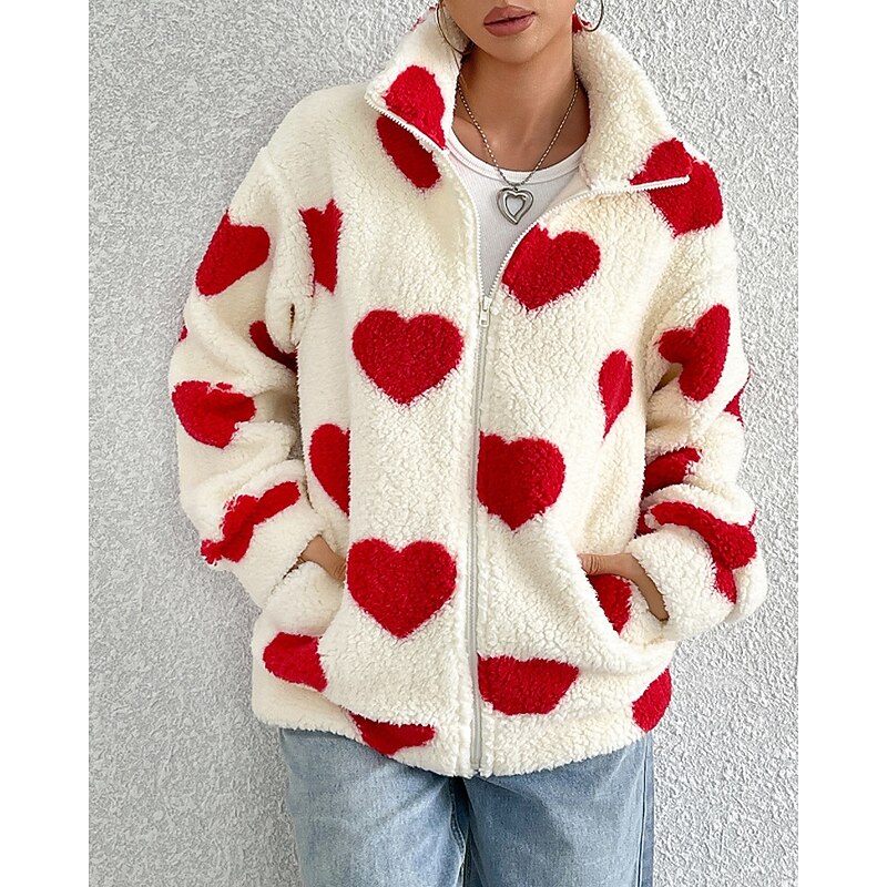 Women's Teddy Coat Warm Comfortable Zipper Casual Heart Vacation Daily Wear Going out Weekend Regular Stand Collar Loose Fit Long Sleeve Outerwear Black Red Khaki Fall Winter4