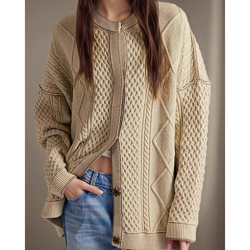 Women's Sweater Cardigan Streetwear Casual Color Block Cable Crew Neck Patchwork Buttons Knitted Long Sleeve Regular Tops Knit Daily Holiday Going out Navy Blue Blue Fall Winter - Main Image
