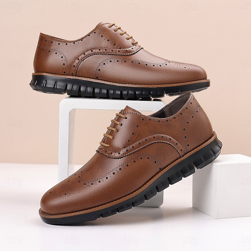 Men's Brown Faux Leather Oxford Shoes – Breathable Lace-Up Dress Shoes with Perforated Detailing for Office and Formal Events2