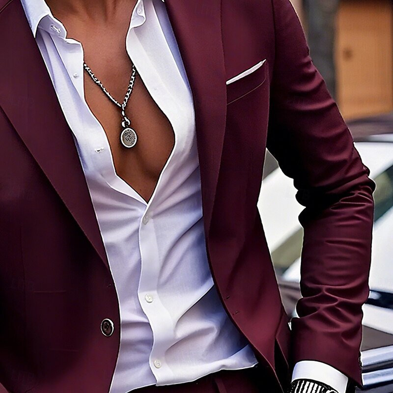 Men's Wedding Wedding Suits Notch Lapel Burgundy Formal Solid Colored Slim Fit 2 Piece2
