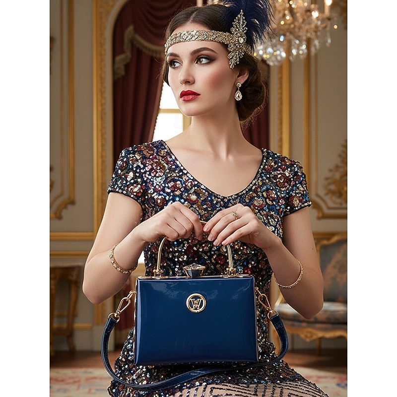 Women's Burgundy Patent Leather Evening Handbag with Gold Handle, Vintage Gatsby Style Purse for Cocktail Parties, Weddings and Formal Events