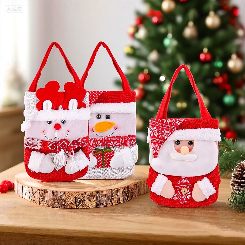 Christmas Knitted Gift Bag Cute Cartoon Red Scarf Snowman Santa Claus Candy Tote Bag Holiday Party Decoration Reusable Christmas Present Bags Home Decor2