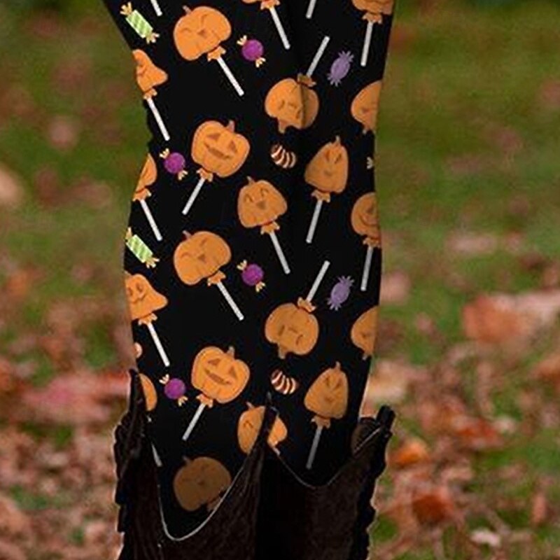 Women's Leggings Cozy Leggings Vacation Vintage Ethnic Style Full Length High WaistPantsUgly Christmas Pumpkin Printing Thermal Warm Comfortable Stretchy Vacation Casual Daily Orange Fall Winter Slim3