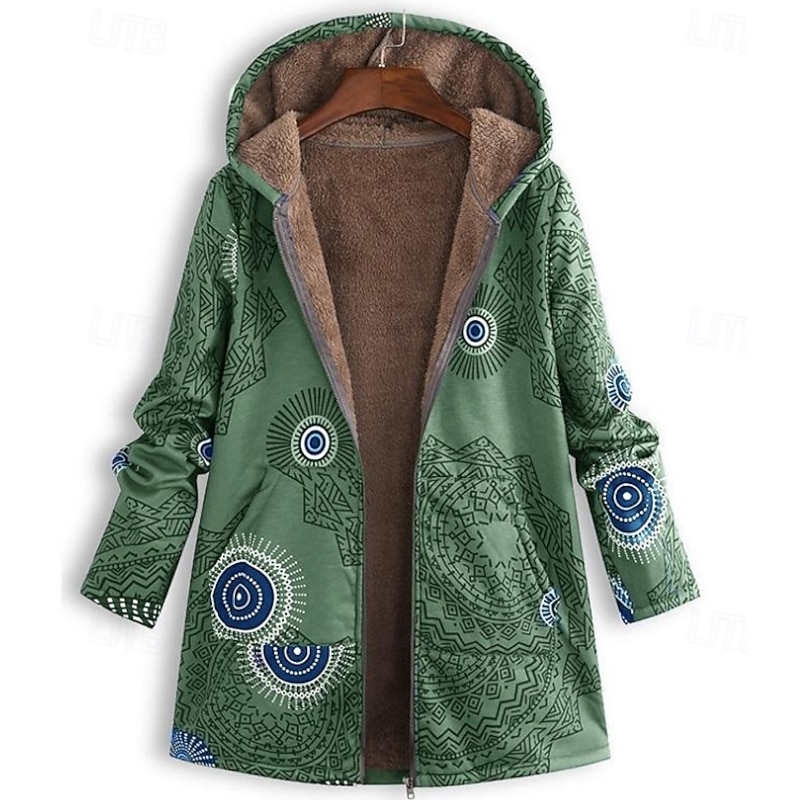 Women's Sherpa Jacket Casual Jacket Comfortable Breathable Print Casual Geometric Vacation Street Casual Daily Wear Open Front Regular Hooded Regular Fit Long Sleeve Outerwear Red Purple Green Spring
